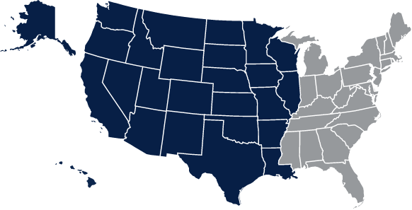 Map showing United States highlighting states west of the Mississippi River plus Hawaii and Alaska