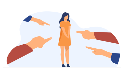 illustration of hands pointing at shy woman