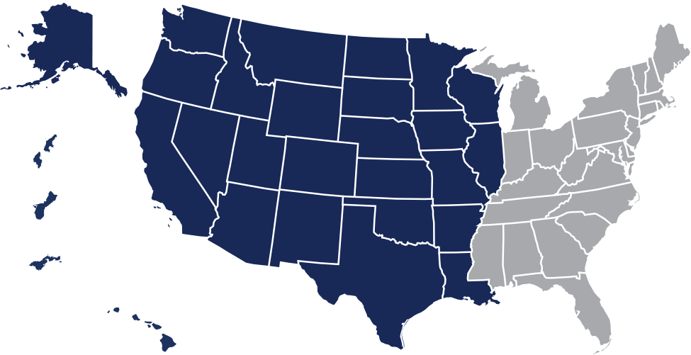 map showing TriWest area of responsibility - all states west of Mississippi River plus Alaska, Hawaii, and Pacific territories